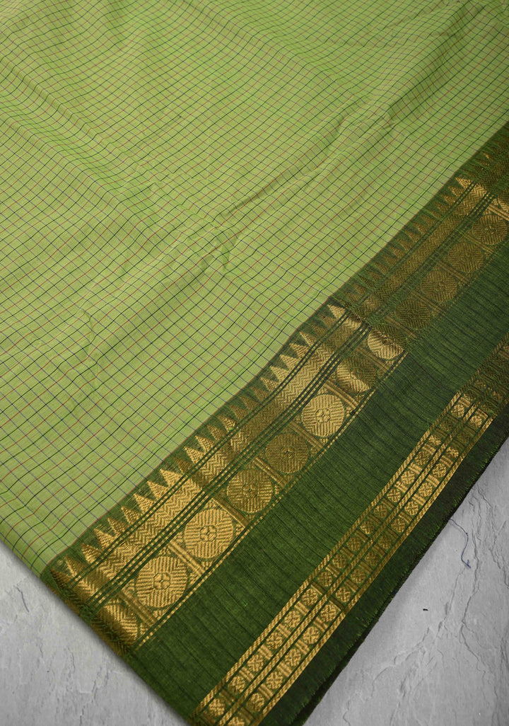 Pista Green Cotton Saree with Checks Pattern and Ganga Jamuna Border, No Blouse piece