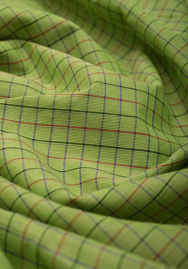 Pista Green Cotton Saree with Checks Pattern and Ganga Jamuna Border, No Blouse piece
