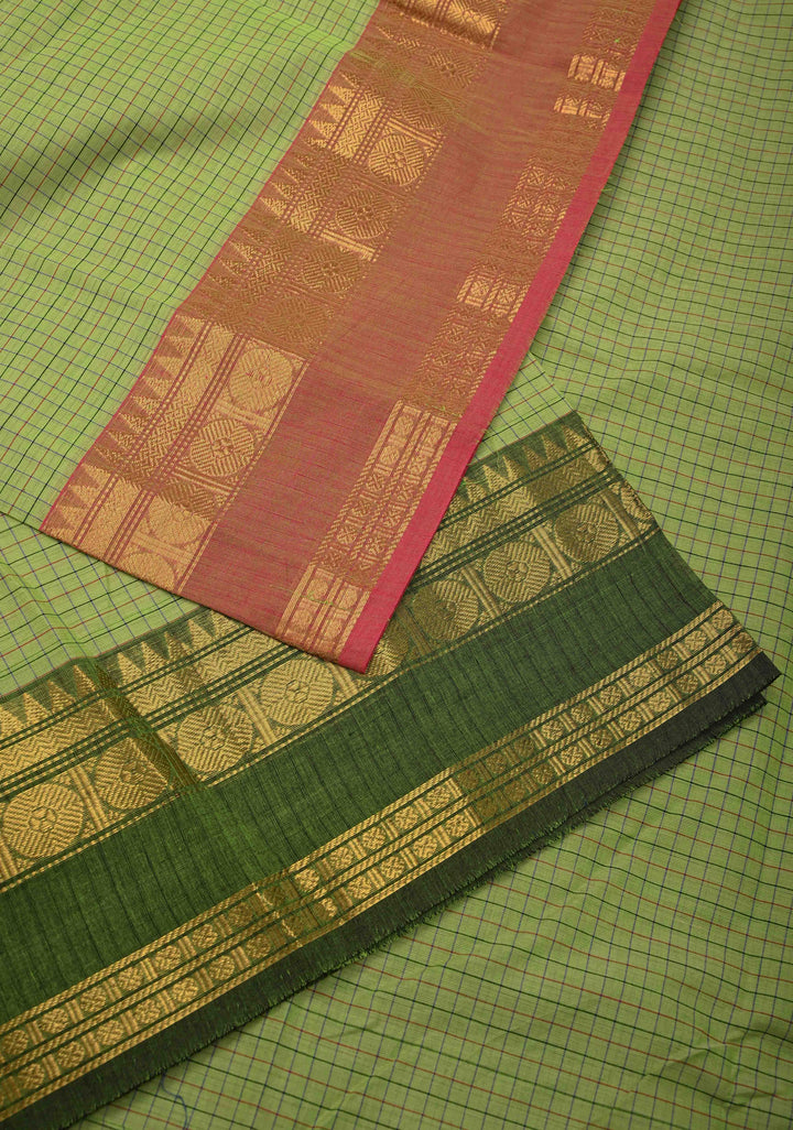 Pista Green Cotton Saree with Checks Pattern and Ganga Jamuna Border, No Blouse piece