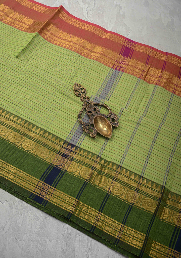 Pista Green Cotton Saree with Checks Pattern and Ganga Jamuna Border, No Blouse piece