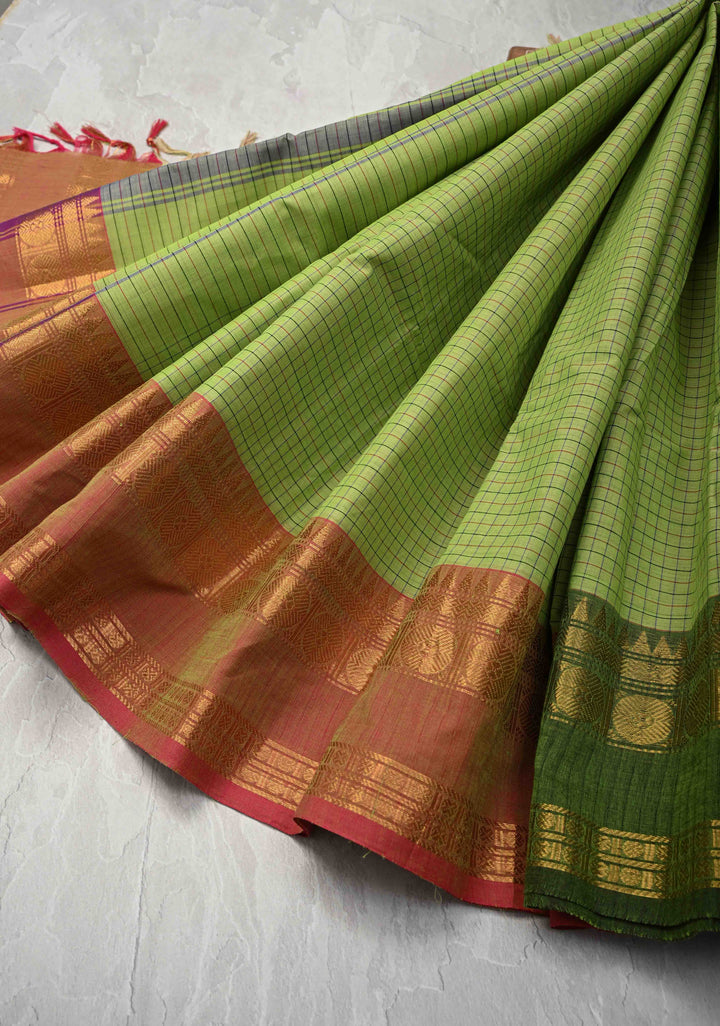 Pista Green Cotton Saree with Checks Pattern and Ganga Jamuna Border, No Blouse piece