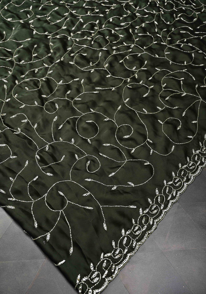 Deep Olive Green machine embroidered Satin Saree with Sequins, Cutdana Stone Work Jaal and Scallop Border