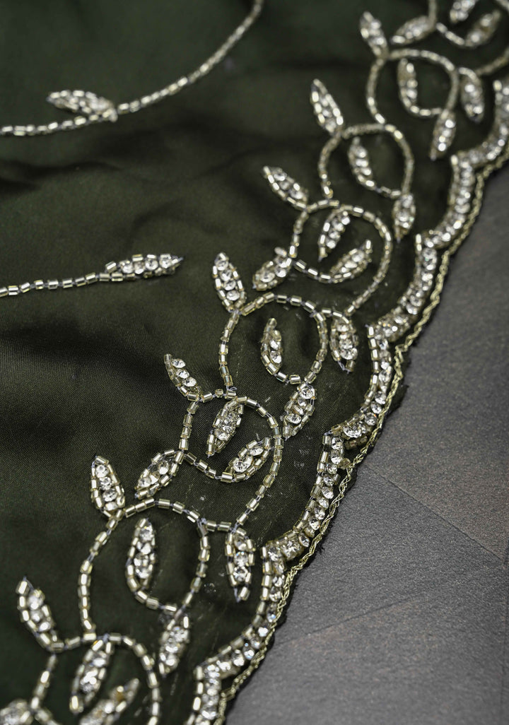 Deep Olive Green machine embroidered Satin Saree with Sequins, Cutdana Stone Work Jaal and Scallop Border