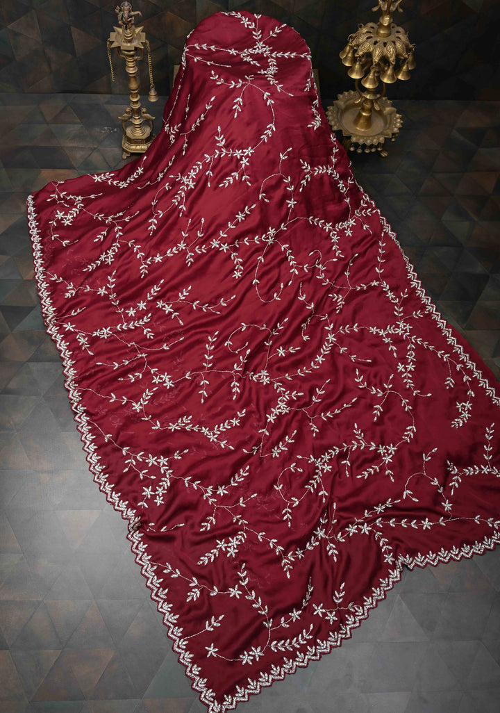 Desi Maroon Satin Georgette saree with Full Jaal Cutdana embellished