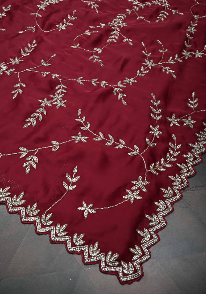 Desi Maroon Satin Georgette saree with Full Jaal Cutdana embellished
