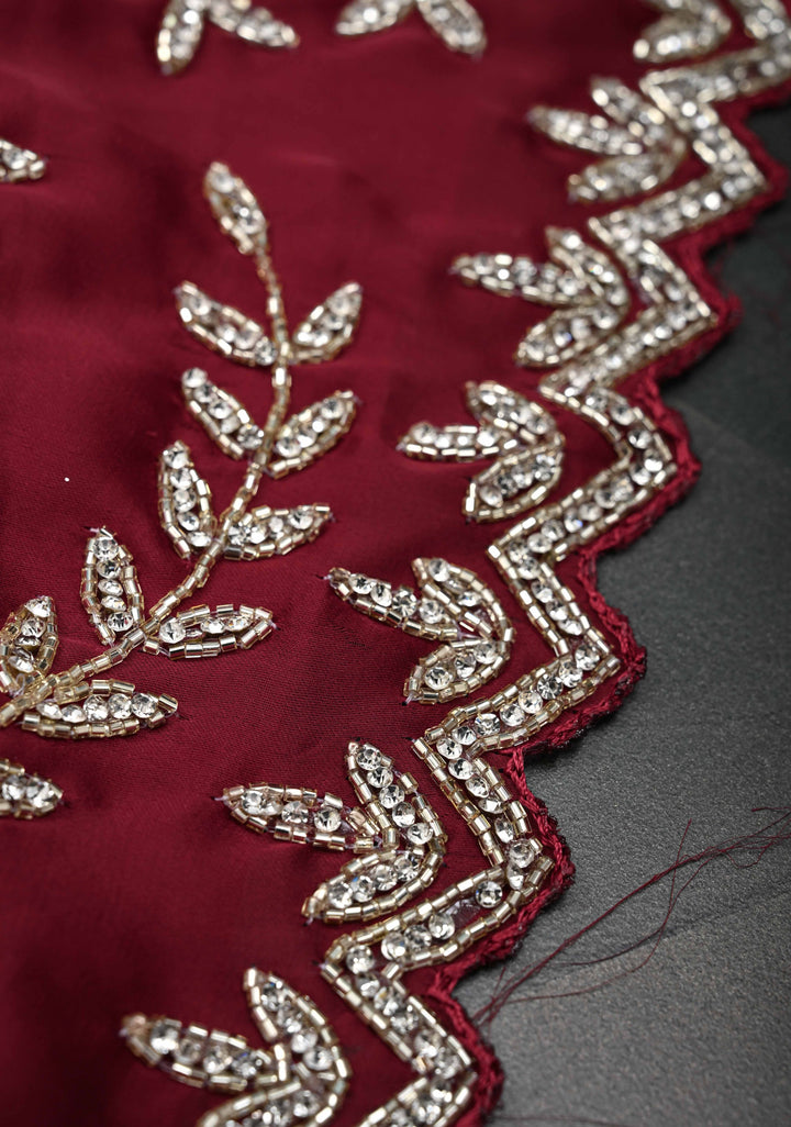 Desi Maroon Satin Georgette saree with Full Jaal Cutdana embellished