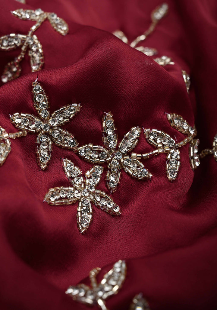 Desi Maroon Satin Georgette saree with Full Jaal Cutdana embellished