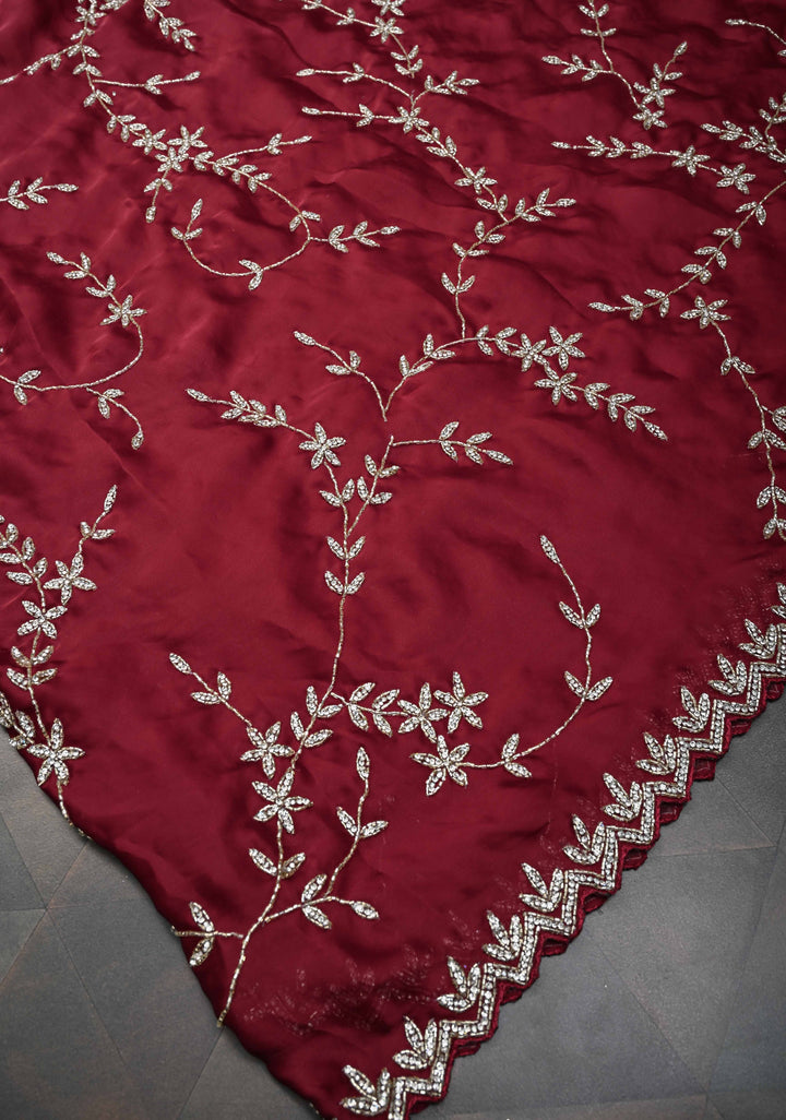 Desi Maroon Satin Georgette saree with Full Jaal Cutdana embellished