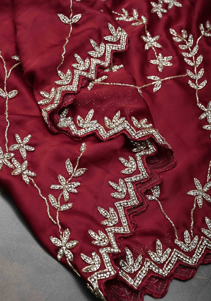 Desi Maroon Satin Georgette saree with Full Jaal Cutdana embellished