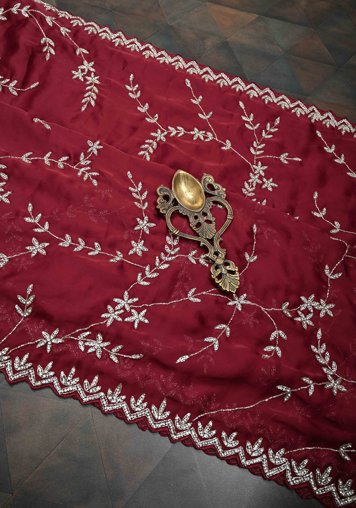 Desi Maroon Satin Georgette saree with Full Jaal Cutdana embellished
