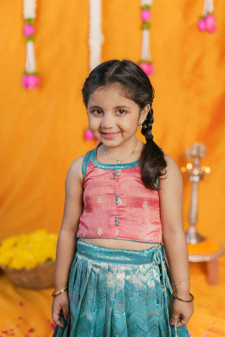 Aaradhya Pink with Blue Lehenga Mini | Made To Order