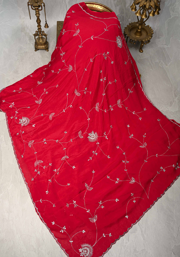 Red Satin Georgette saree with Cutdana,Stone Work and Full Jall