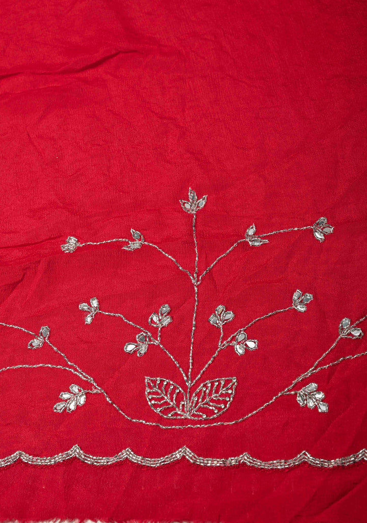 Red Satin Georgette saree with Cutdana,Stone Work and Full Jall