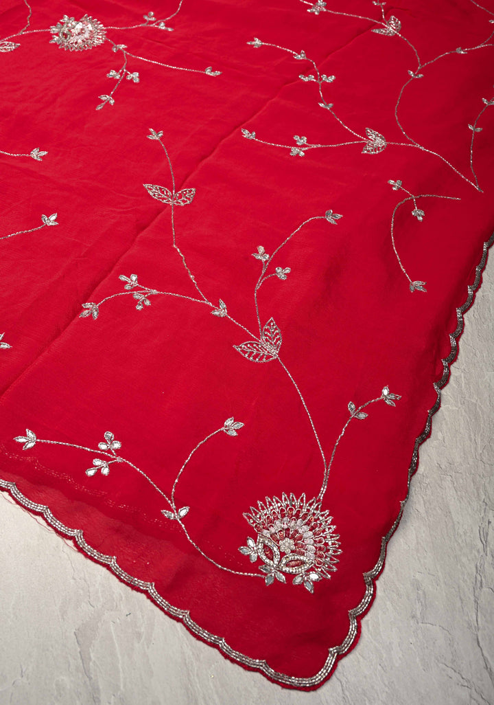 Red Satin Georgette saree with Cutdana,Stone Work and Full Jall