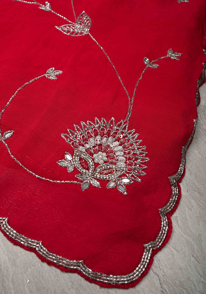 Red Satin Georgette saree with Cutdana,Stone Work and Full Jall