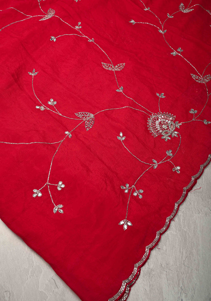 Red Satin Georgette saree with Cutdana,Stone Work and Full Jall