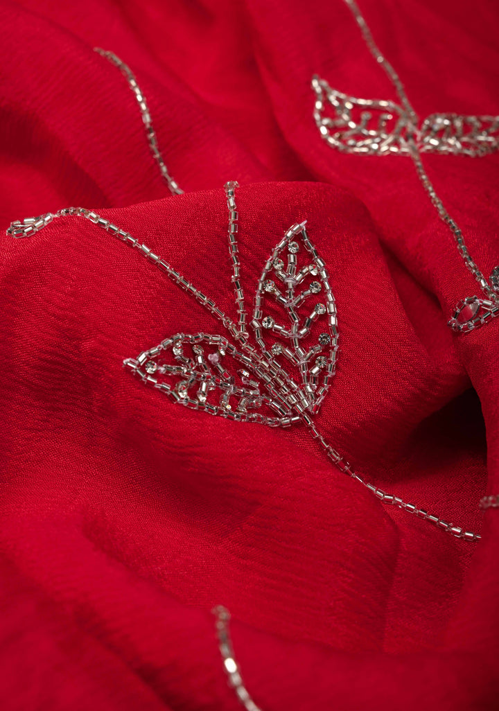 Red Satin Georgette saree with Cutdana,Stone Work and Full Jall