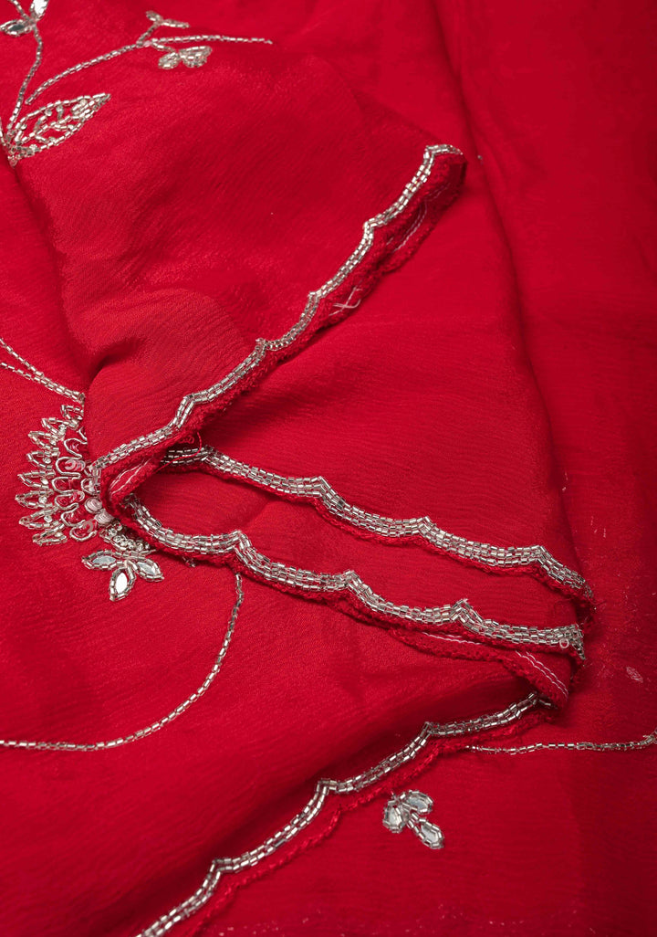 Red Satin Georgette saree with Cutdana,Stone Work and Full Jall