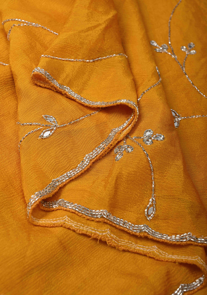 Mustard Yellow Chinon Saree with Cutdana, Mirror Work Embellished Jaal and Scallop Border