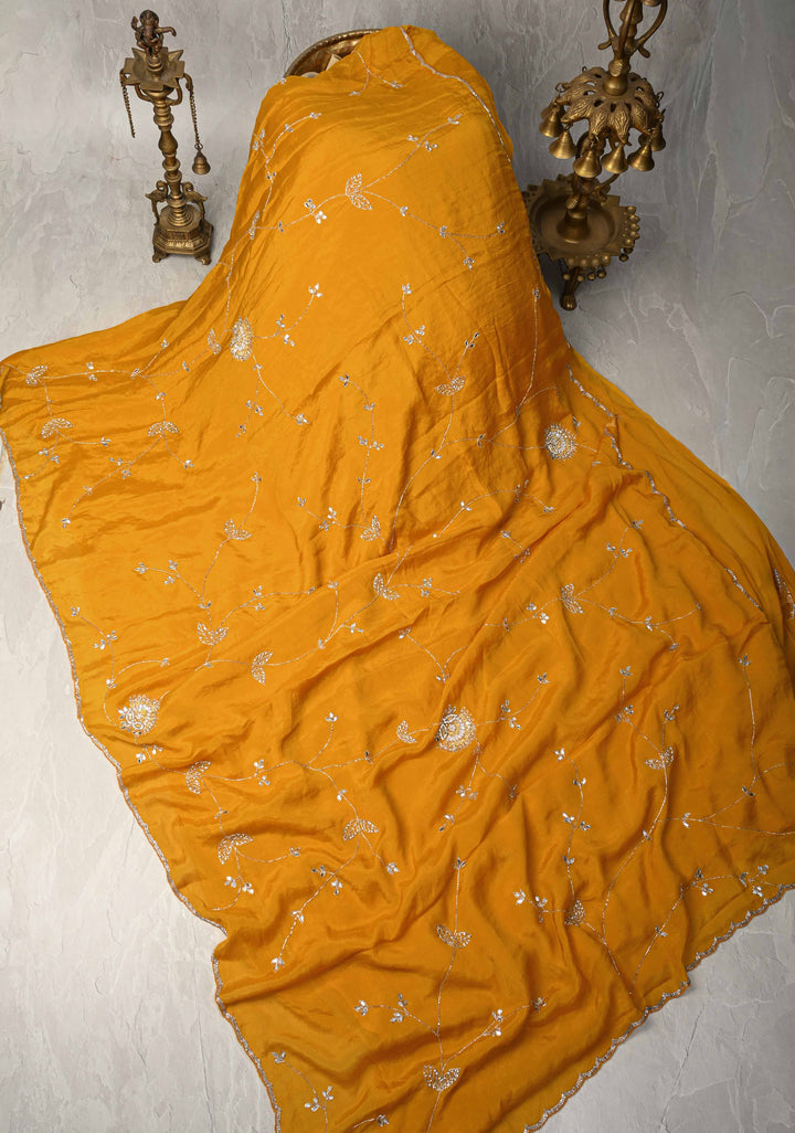 Mustard Yellow Chinon Saree with Cutdana, Mirror Work Embellished Jaal and Scallop Border