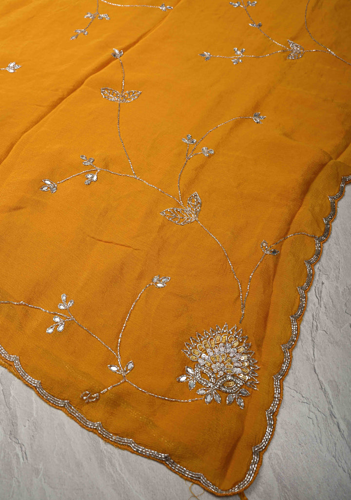 Mustard Yellow Chinon Saree with Cutdana, Mirror Work Embellished Jaal and Scallop Border
