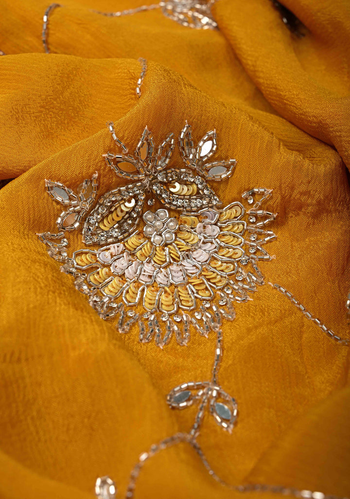Mustard Yellow Chinon Saree with Cutdana, Mirror Work Embellished Jaal and Scallop Border