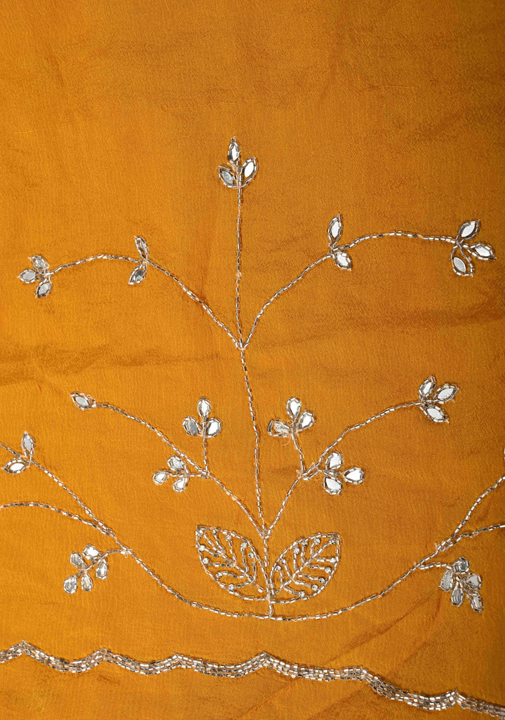 Mustard Yellow Chinon Saree with Cutdana, Mirror Work Embellished Jaal and Scallop Border