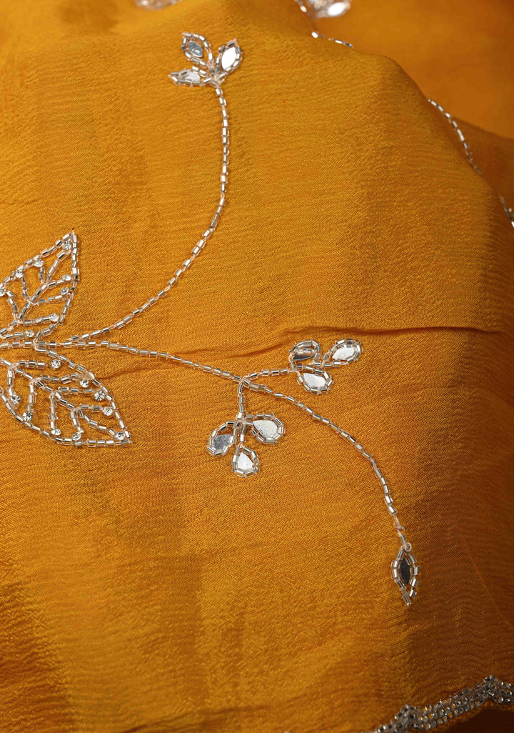 Mustard Yellow Chinon Saree with Cutdana, Mirror Work Embellished Jaal and Scallop Border