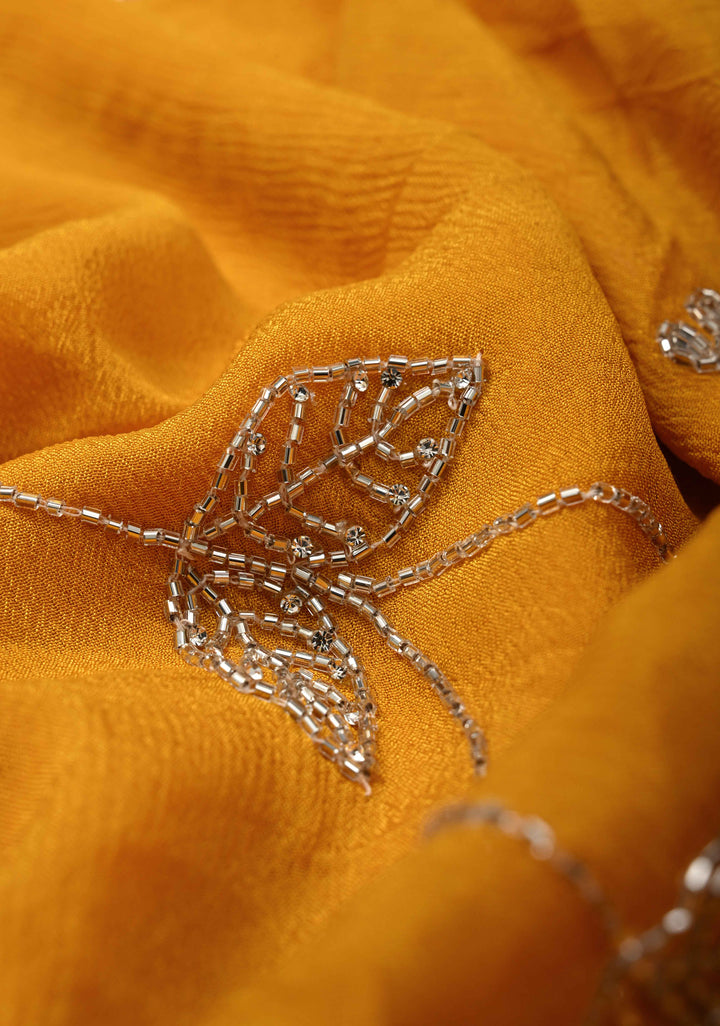 Mustard Yellow Chinon Saree with Cutdana, Mirror Work Embellished Jaal and Scallop Border