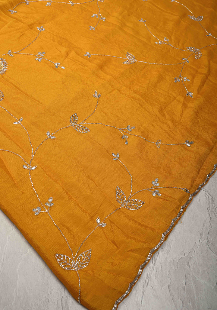 Mustard Yellow Chinon Saree with Cutdana, Mirror Work Embellished Jaal and Scallop Border