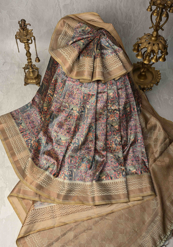 Semi Tussar Silk Saree with Kalamkari Digital Print in Olive Green