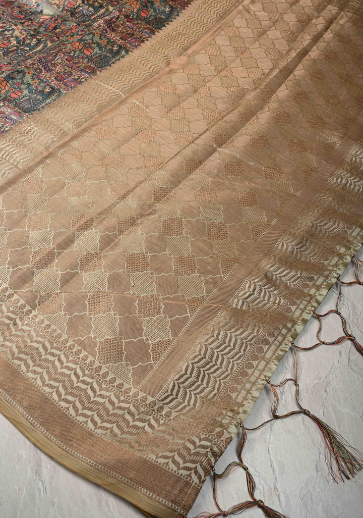 Semi Tussar Silk Saree with Kalamkari Digital Print in Olive Green