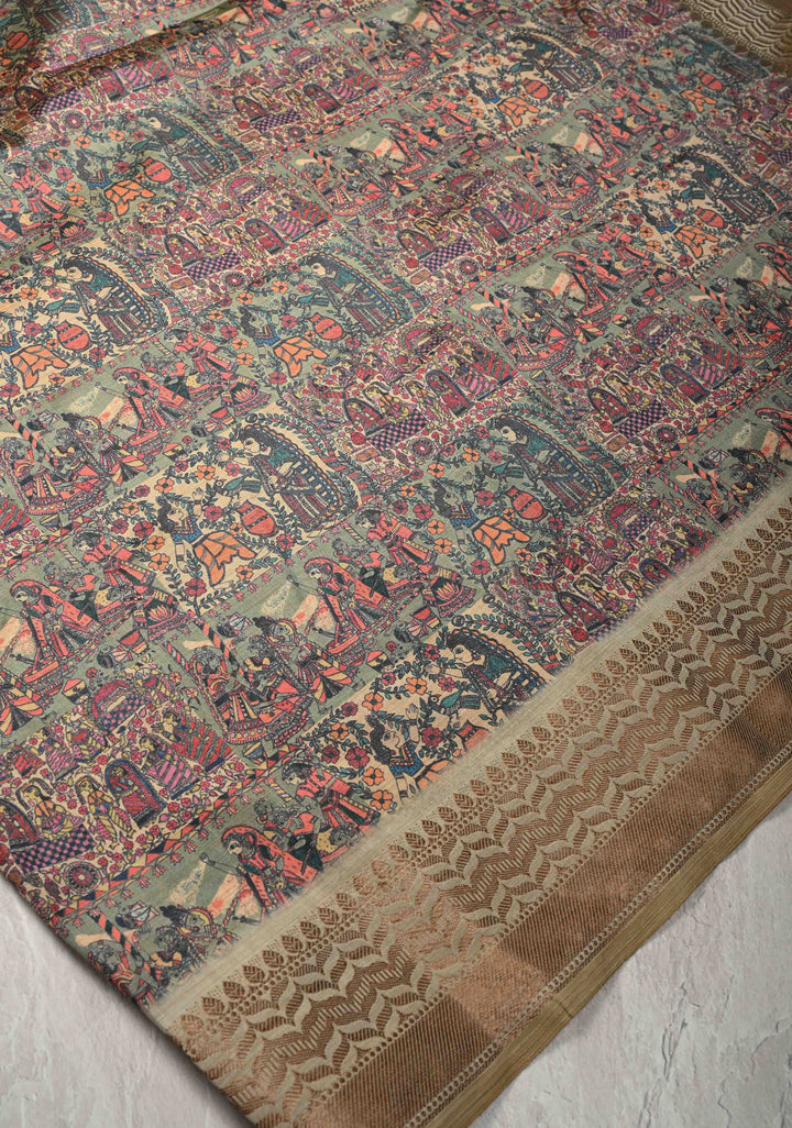 Semi Tussar Silk Saree with Kalamkari Digital Print in Olive Green