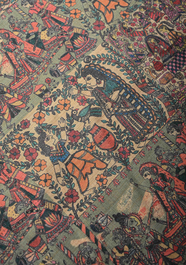 Semi Tussar Silk Saree with Kalamkari Digital Print in Olive Green