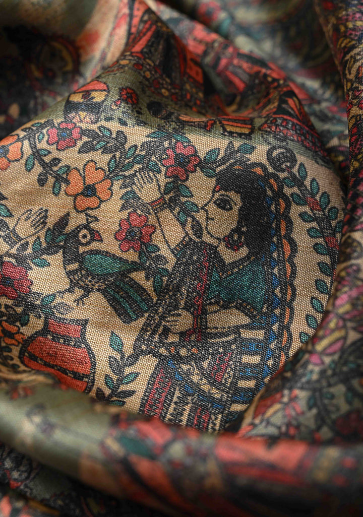 Semi Tussar Silk Saree with Kalamkari Digital Print in Olive Green