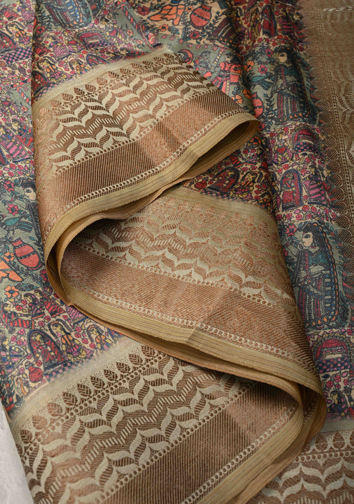 Semi Tussar Silk Saree with Kalamkari Digital Print in Olive Green