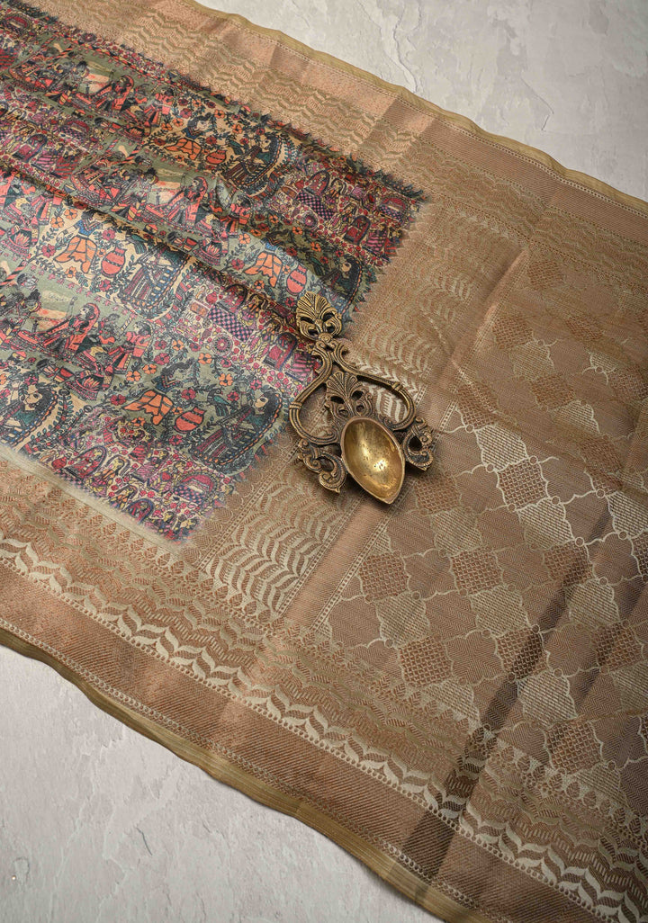 Semi Tussar Silk Saree with Kalamkari Digital Print in Olive Green