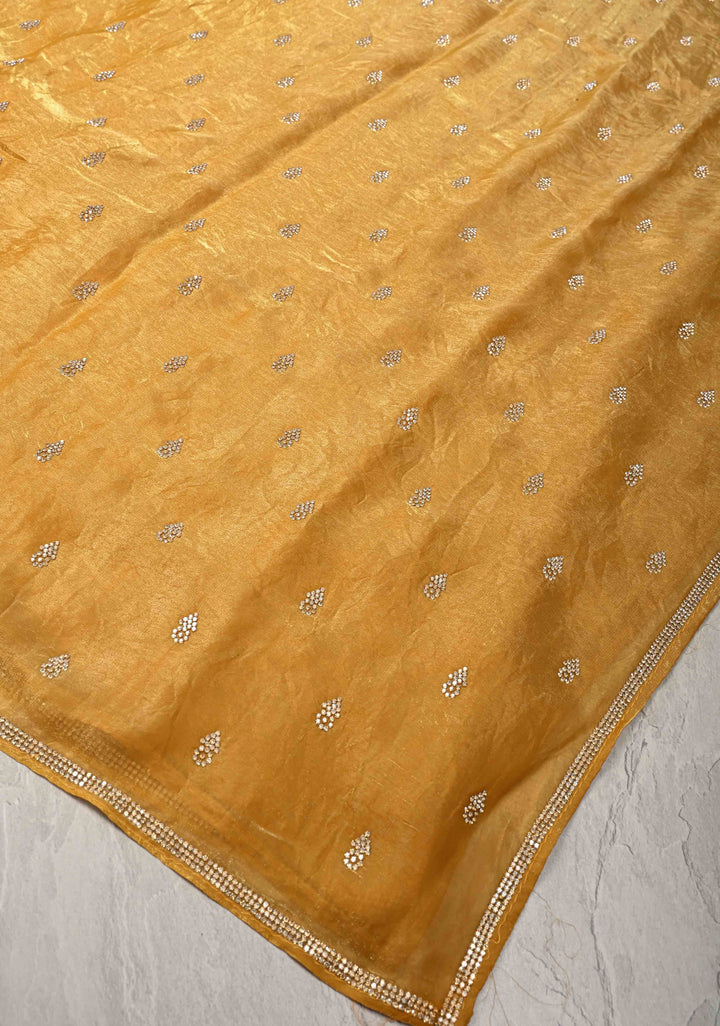 Mustard Yellow Shimmer Georgette Saree with Stone Embellishments and Minimal Border