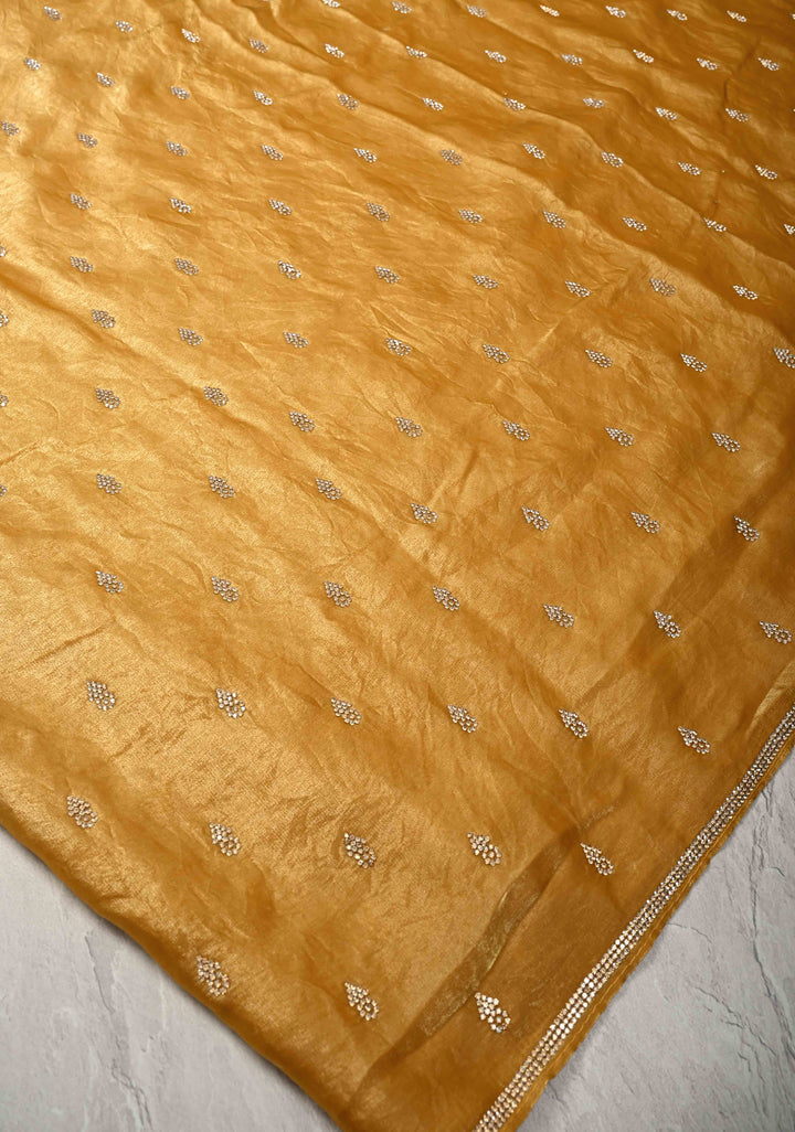 Mustard Yellow Shimmer Georgette Saree with Stone Embellishments and Minimal Border