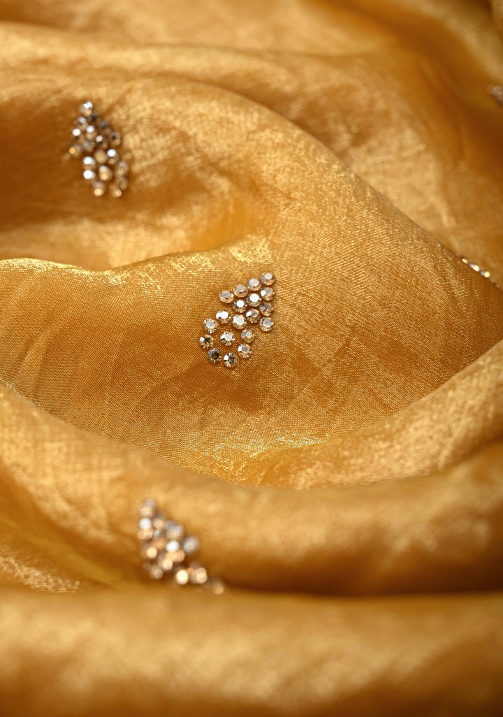 Mustard Yellow Shimmer Georgette Saree with Stone Embellishments and Minimal Border