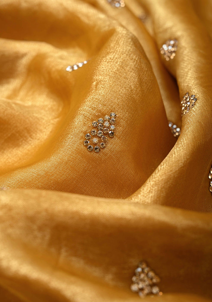 Mustard Yellow Shimmer Georgette Saree with Stone Embellishments and Minimal Border