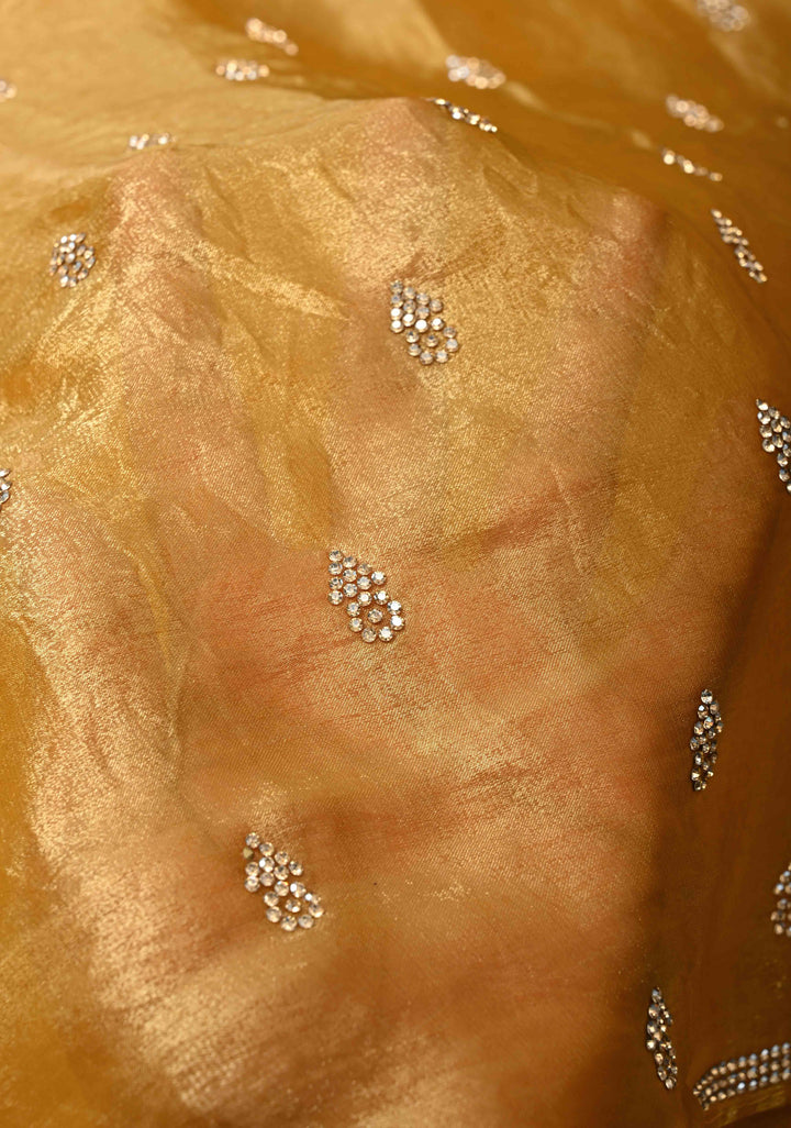 Mustard Yellow Shimmer Georgette Saree with Stone Embellishments and Minimal Border