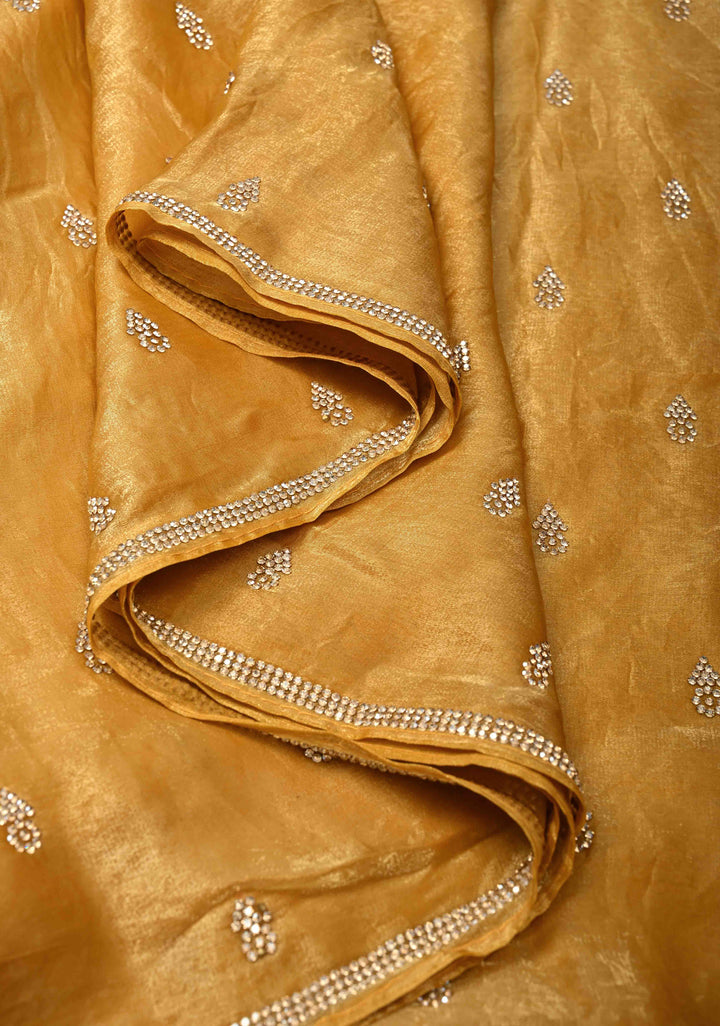 Mustard Yellow Shimmer Georgette Saree with Stone Embellishments and Minimal Border