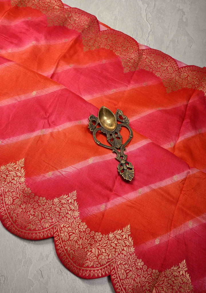 Orange-Pink Leheria Pattern on Vegan Soft Silk Saree with Zari Buttas and Scallop Border