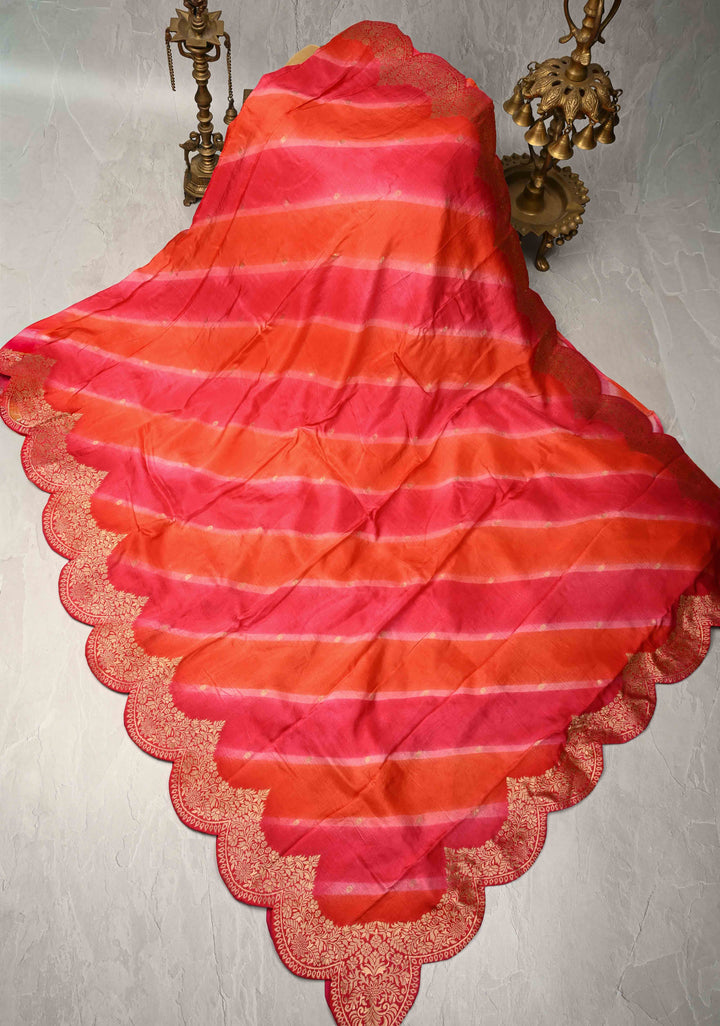 Orange-Pink Leheria Pattern on Vegan Soft Silk Saree with Zari Buttas and Scallop Border