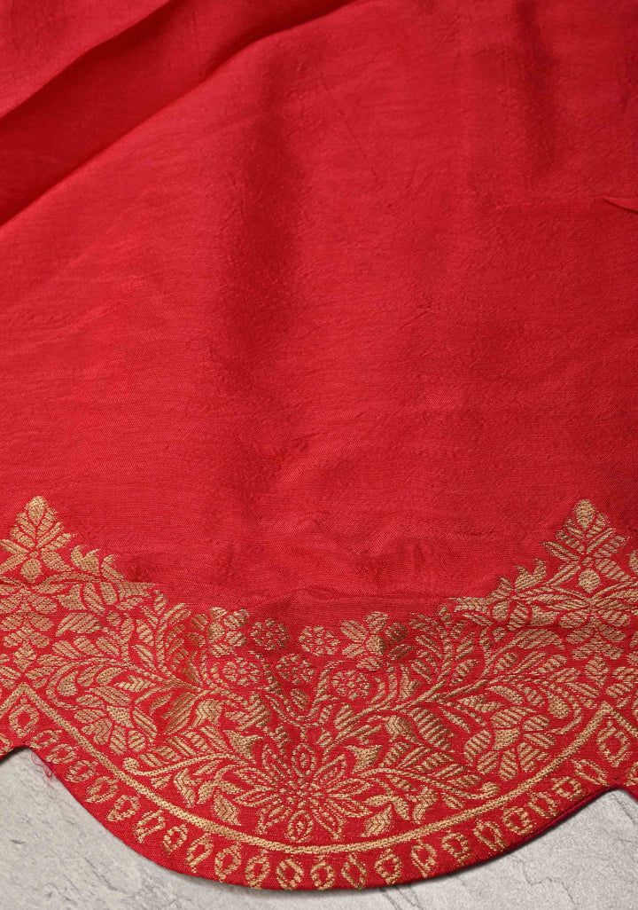 Orange-Pink Leheria Pattern on Vegan Soft Silk Saree with Zari Buttas and Scallop Border