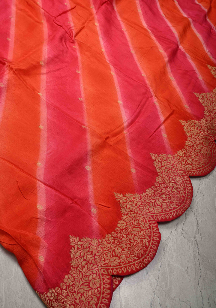Orange-Pink Leheria Pattern on Vegan Soft Silk Saree with Zari Buttas and Scallop Border