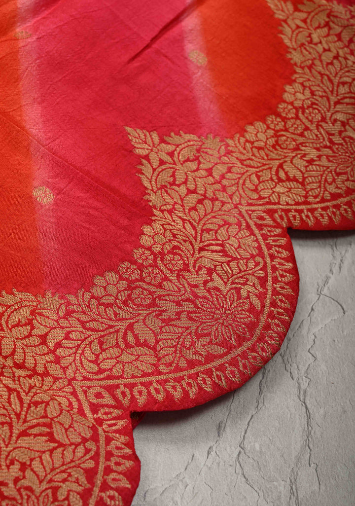 Orange-Pink Leheria Pattern on Vegan Soft Silk Saree with Zari Buttas and Scallop Border