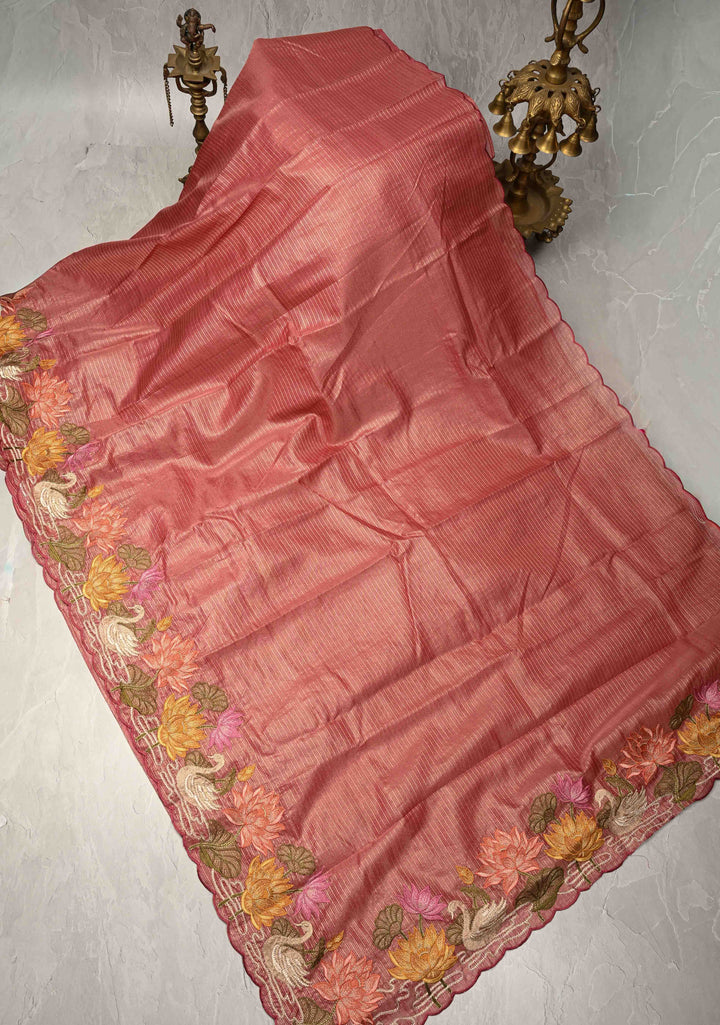 Rose Pink Vegan Viscose Tissue Stripes Saree with Lotus and Swan Embroidery Scallop Border