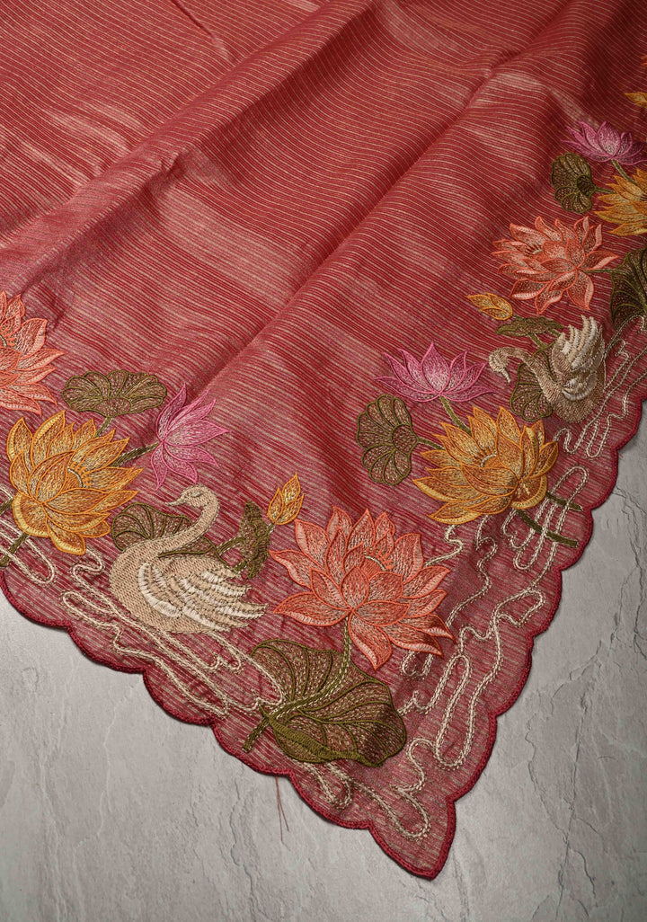 Rose Pink Vegan Viscose Tissue Stripes Saree with Lotus and Swan Embroidery Scallop Border